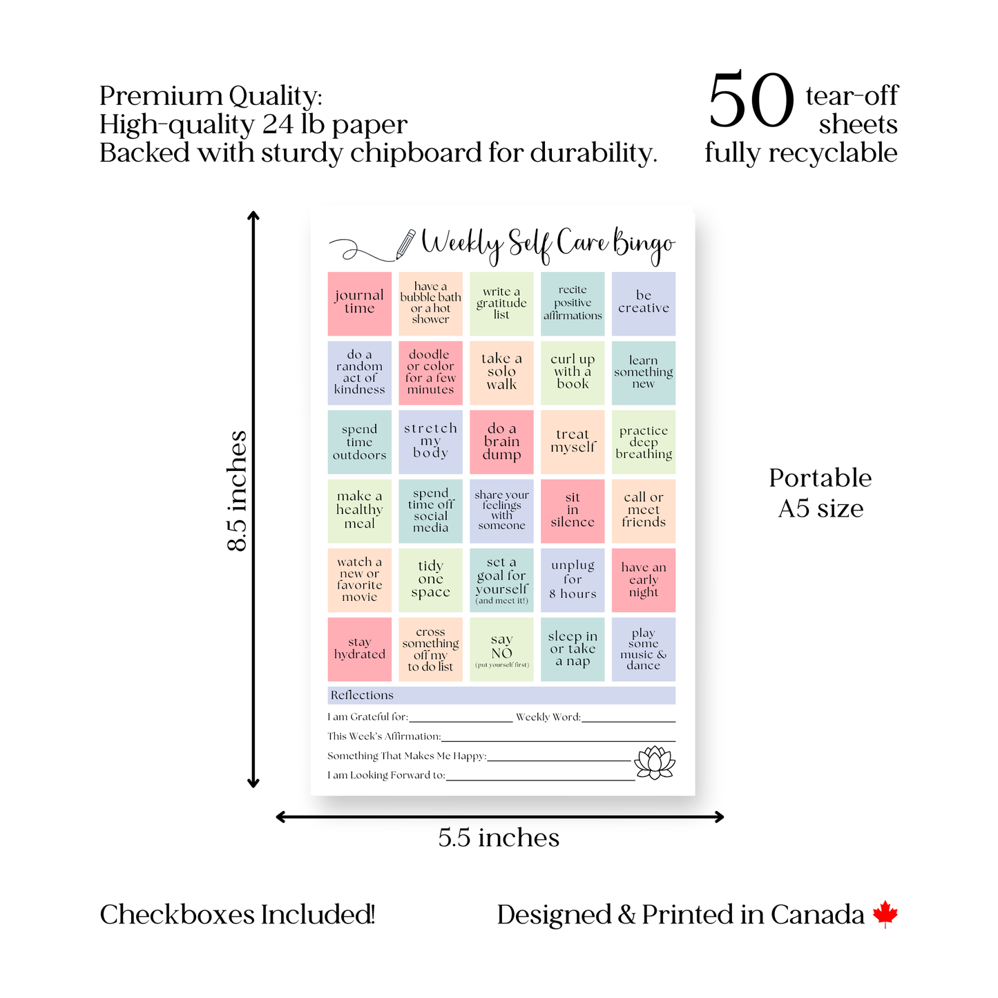 Weekly self-care BINGO planner: 50 page tear-off notepad
