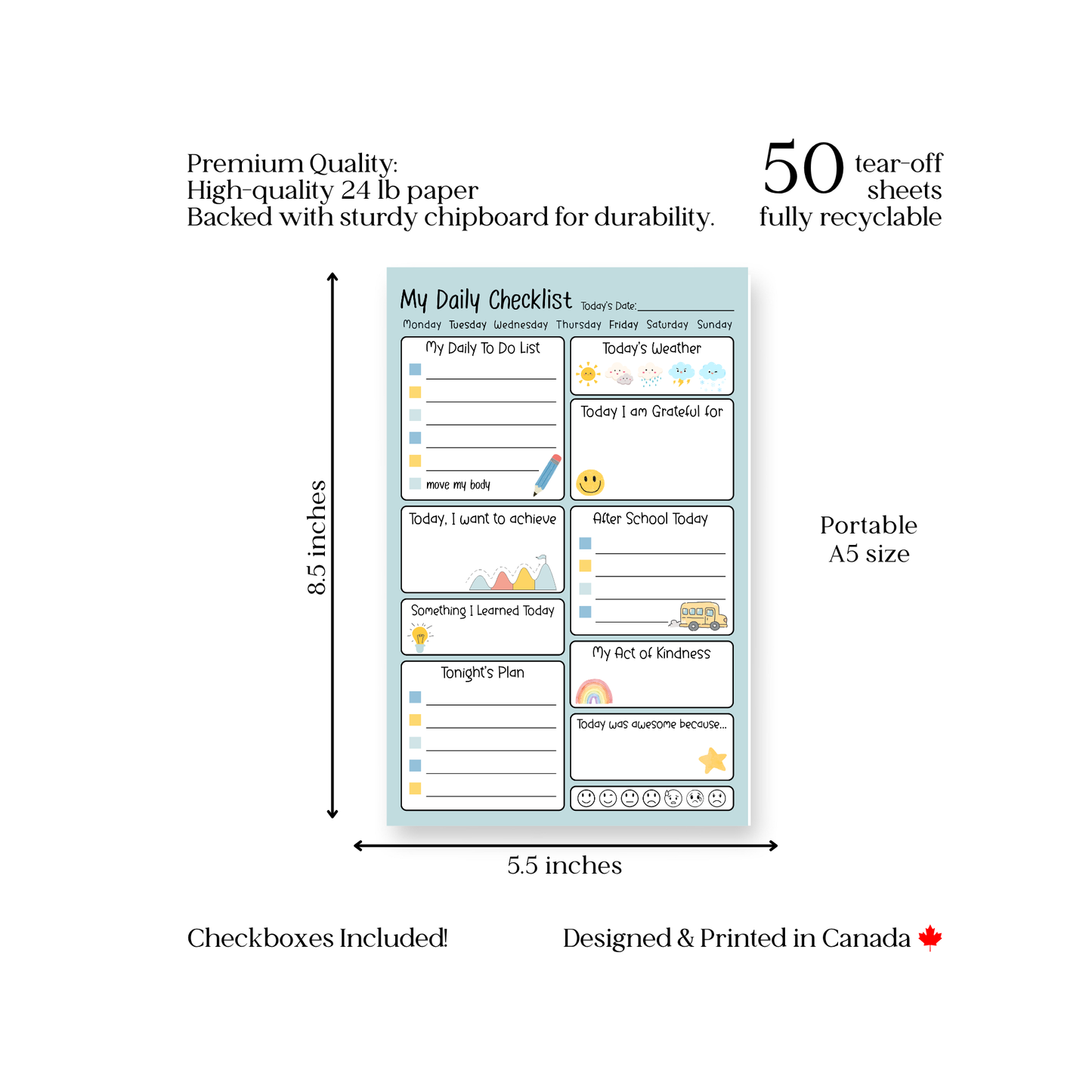 Kids daily activity checklist: 50-page notepad