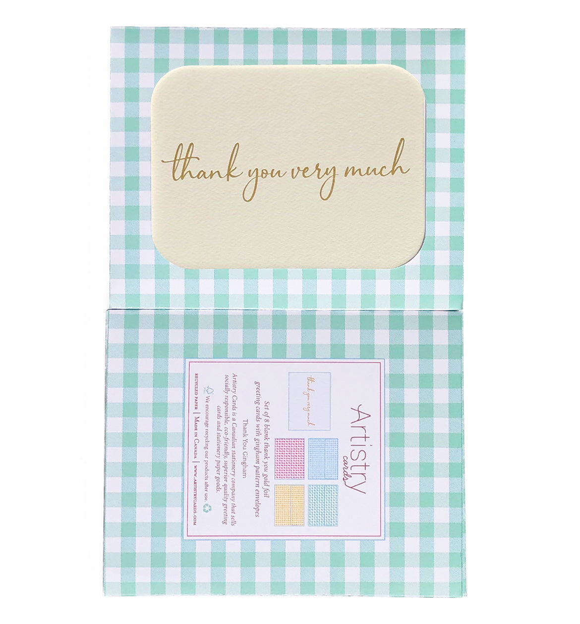 Gold foil thank you boxed cards, gingham envelopes