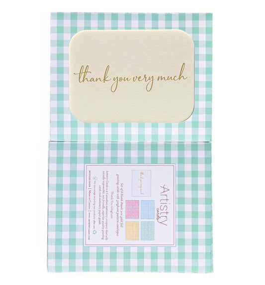 Gold foil thank you boxed cards, gingham envelopes