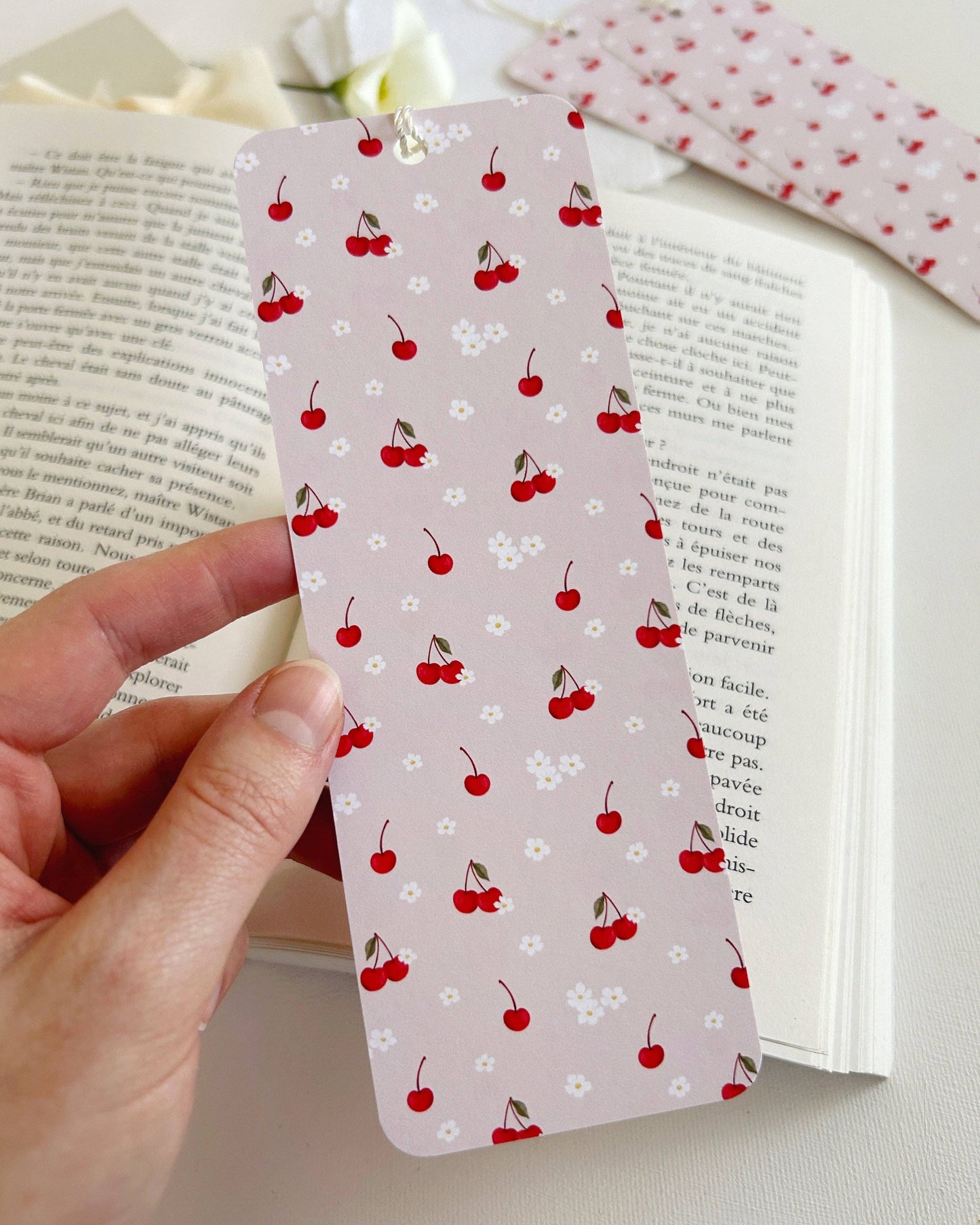 Cherries and flowers bookmark