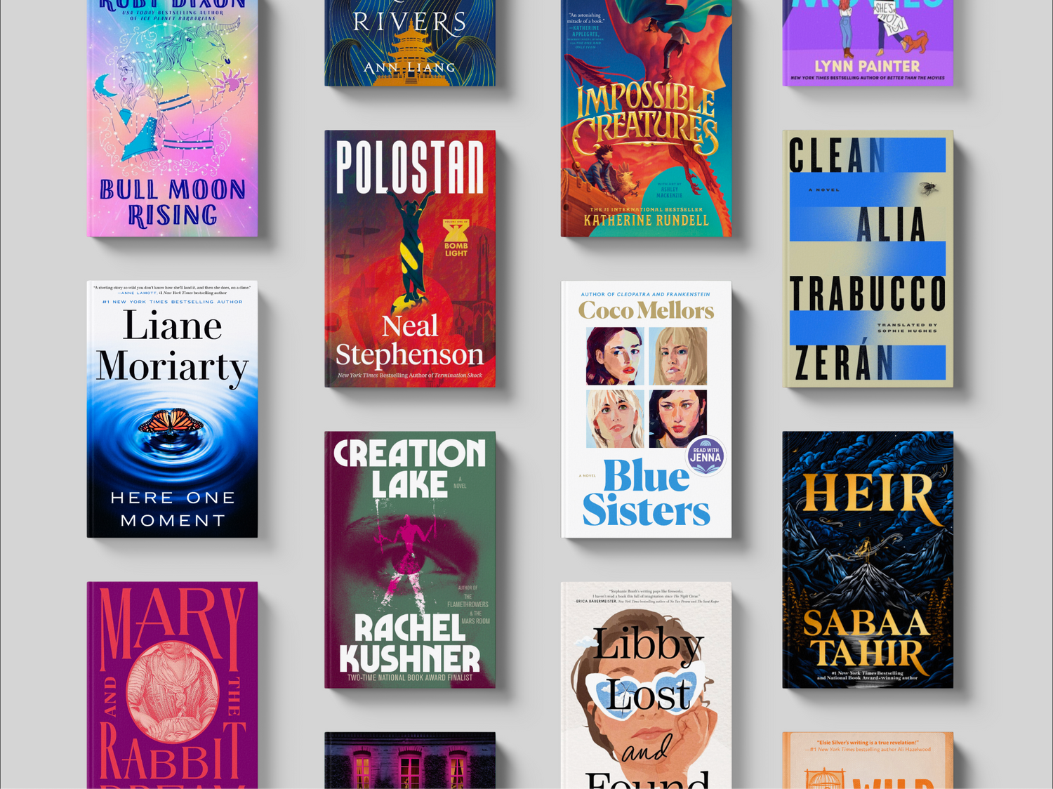 Collection of covers of new and noteworthy books for Oct 2024, including Asunder, Here One Moment, Mary and the Rabbit, Creation Lake, A Dark and Drowning Tide, Impossible Creatures, Blue Sisters, Model Home, and Heir