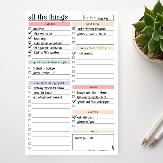 All the things to-do list: 50-page notepad