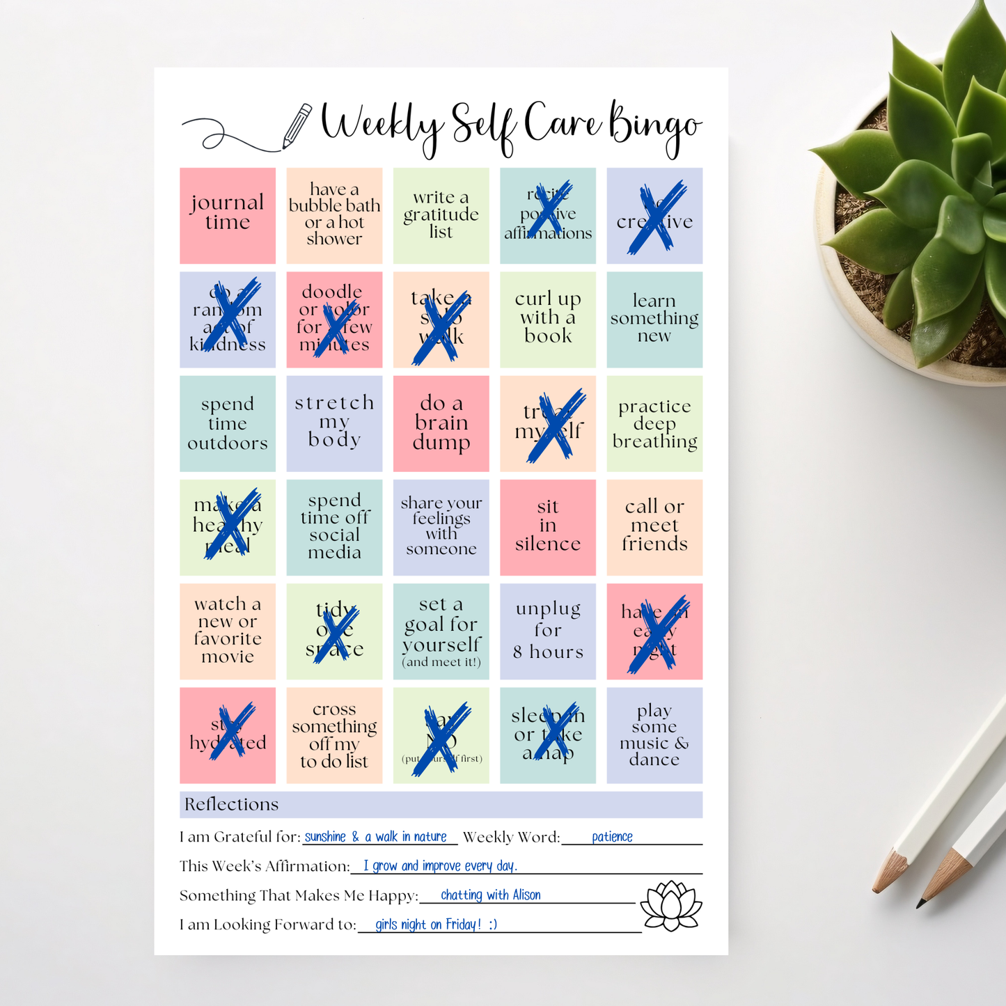 Weekly self-care BINGO planner: 50 page tear-off notepad