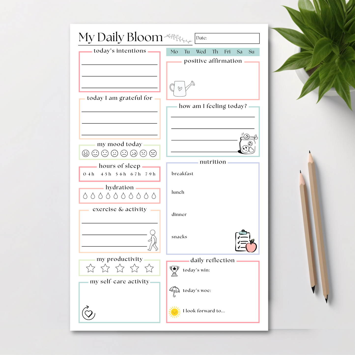 My daily bloom self-care planner: 50-page notepad