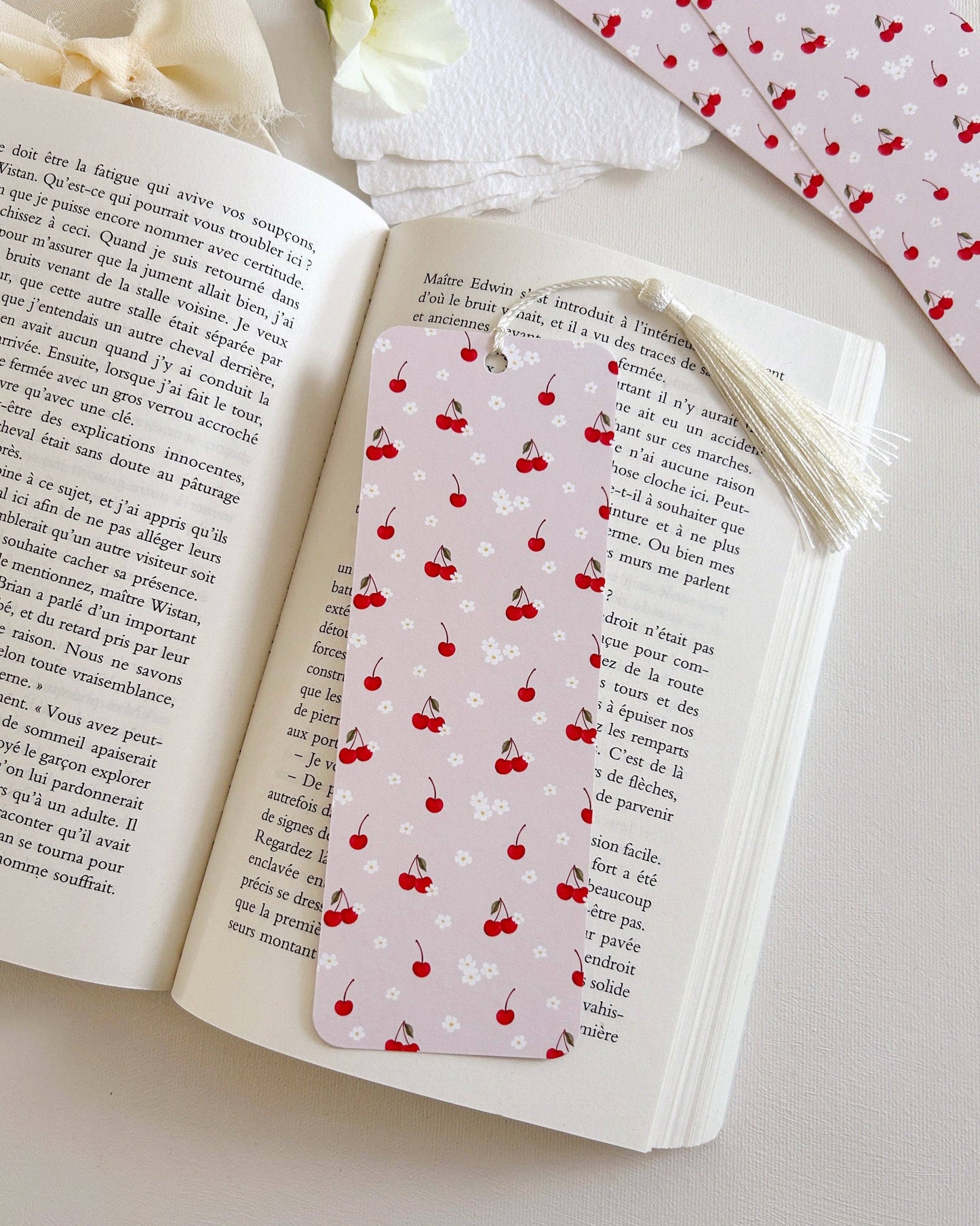Cherries and flowers bookmark