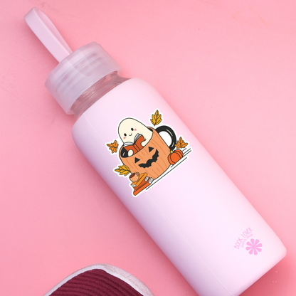 Ghost reading in a pumpkin mug sticker