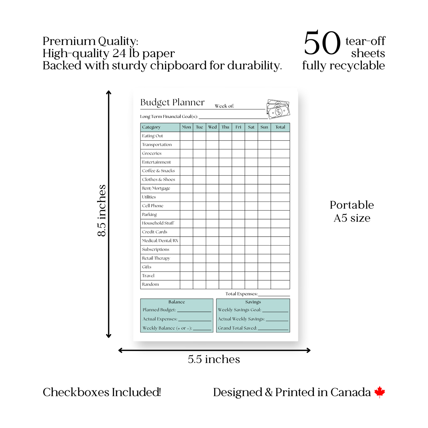 Weekly budget tracker: 50-page notepad