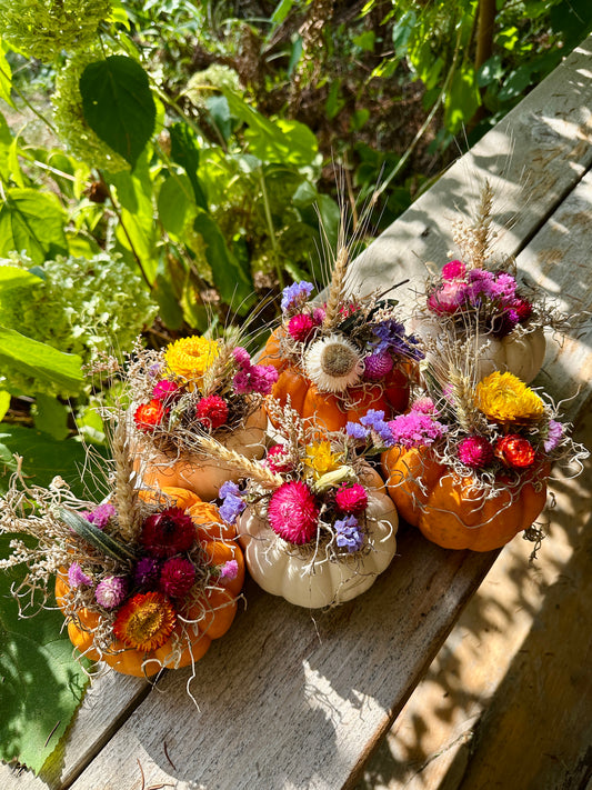 Dried floral pumpkin arrangements