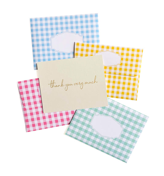 Gold foil thank you boxed cards, gingham envelopes