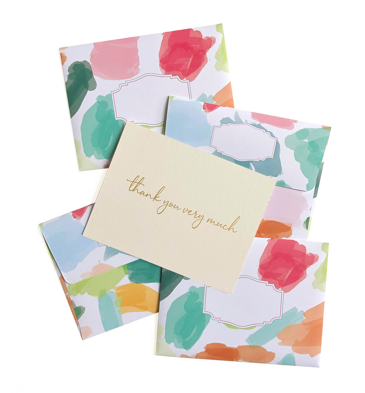 Gold foil thank you boxed cards, brushstrokes dots envelopes