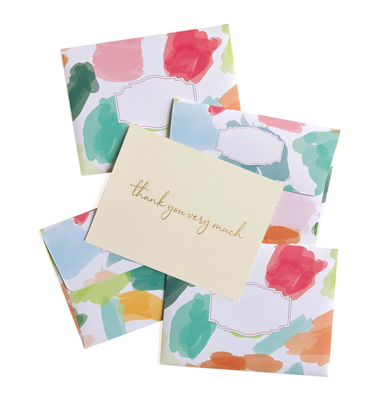 Gold foil thank you boxed cards, brushstrokes dots envelopes