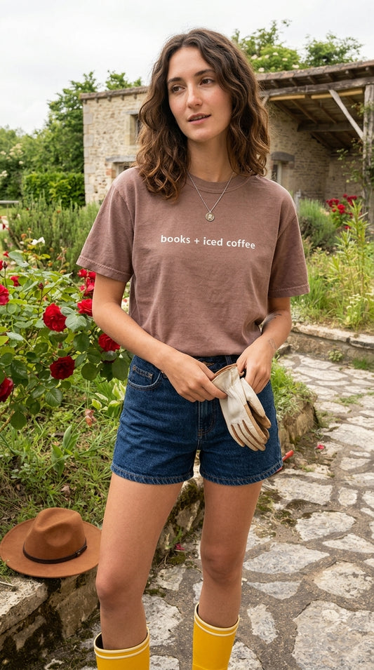 Books + iced coffee t-shirt (espresso)