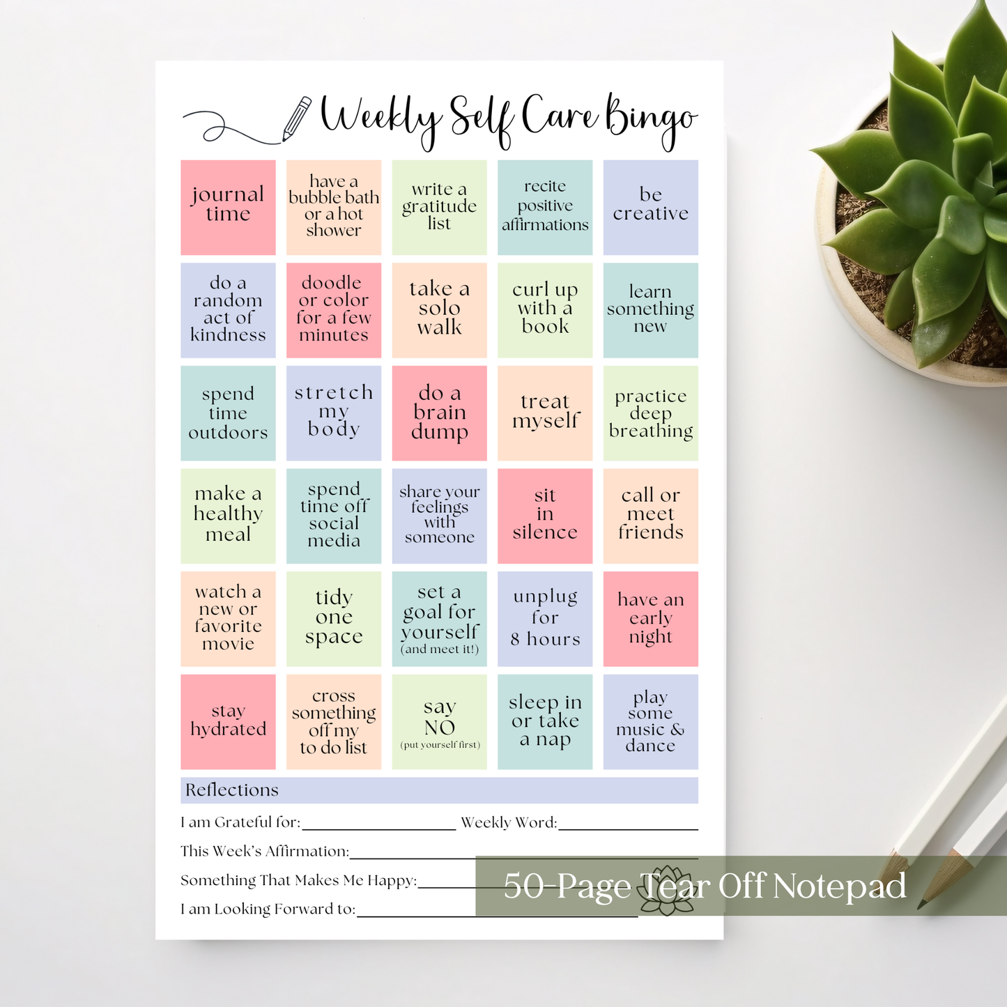 Weekly self-care BINGO planner: 50 page tear-off notepad
