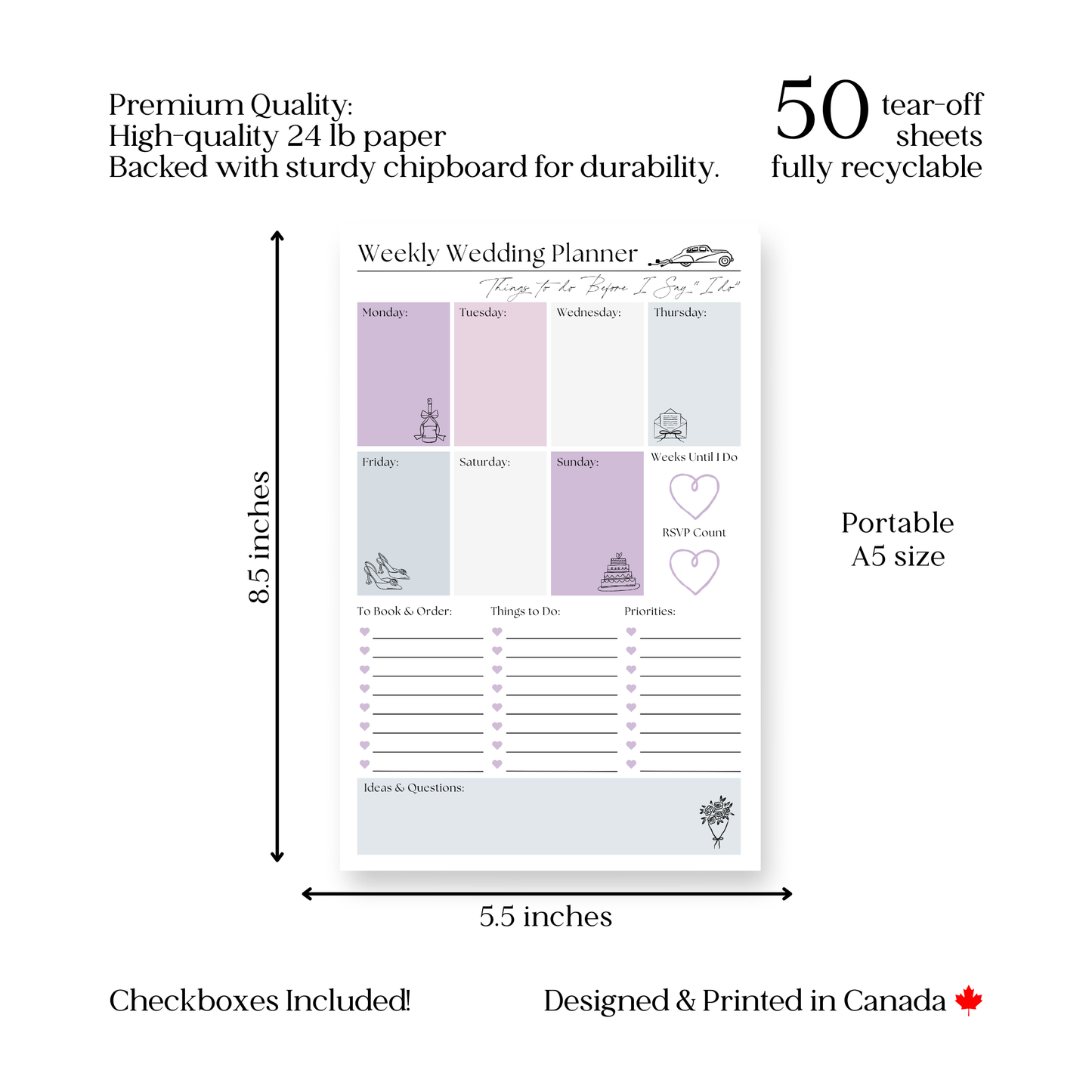 Weekly wedding planner: 50-page tear off notepad