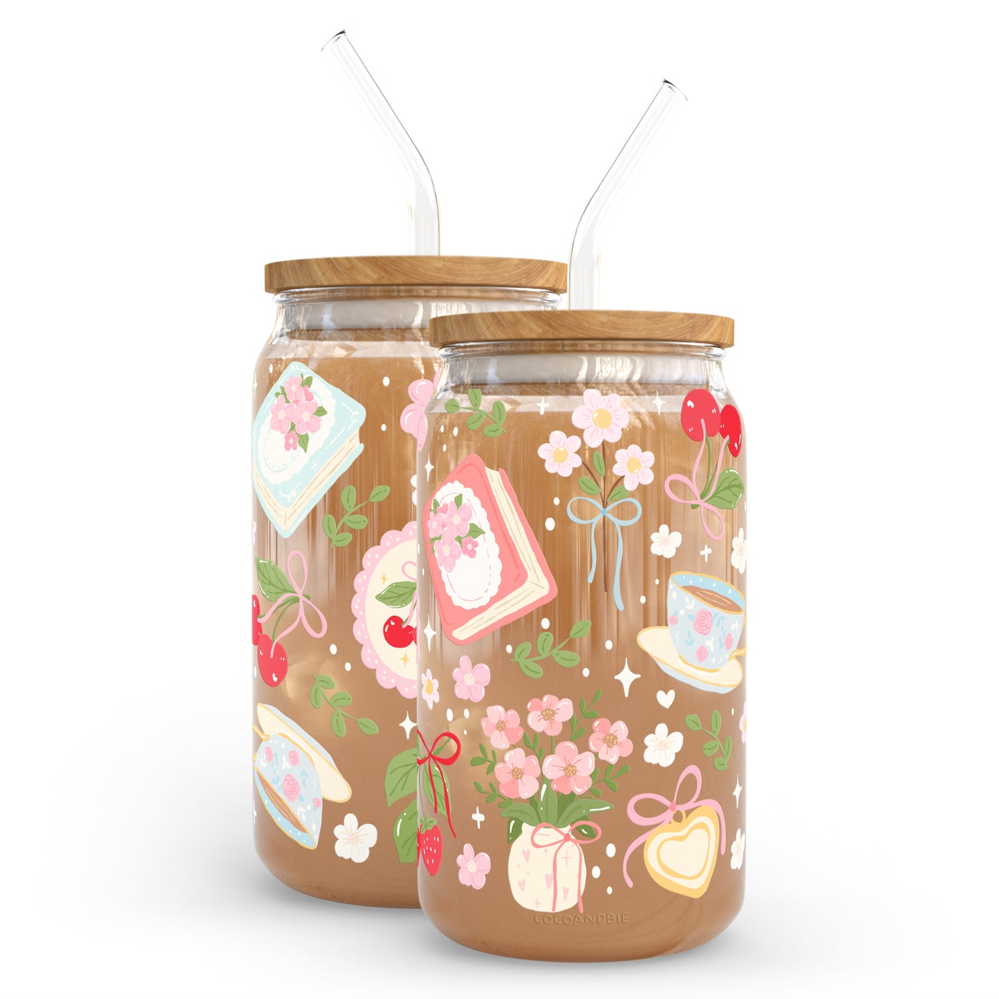 Floral teacup & cherries 16oz glass tumbler