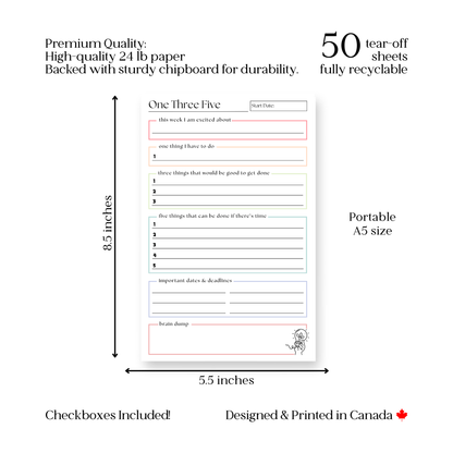 One-three-five weekly organizer and planner: 50-page notepad