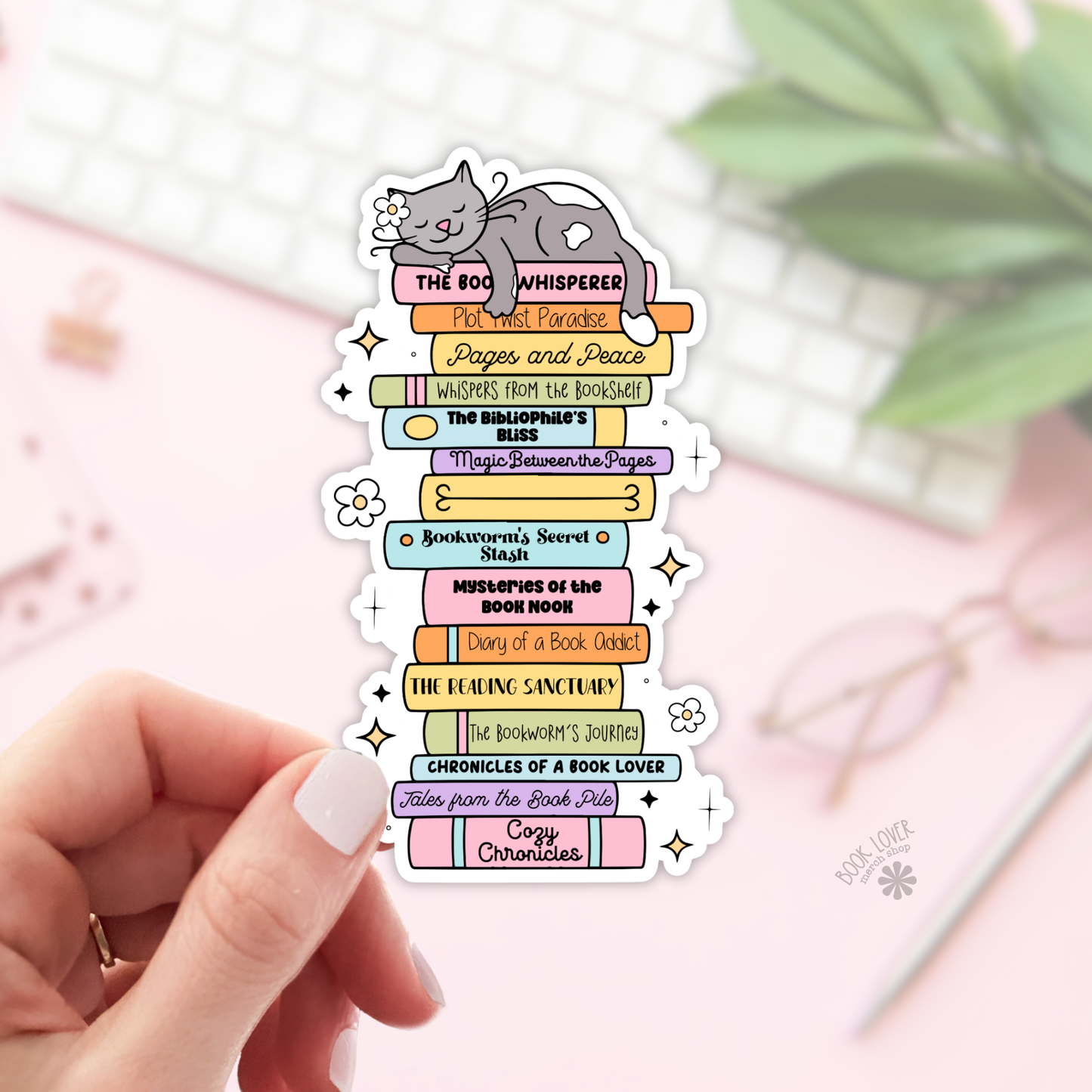 Cat on stack of books sticker