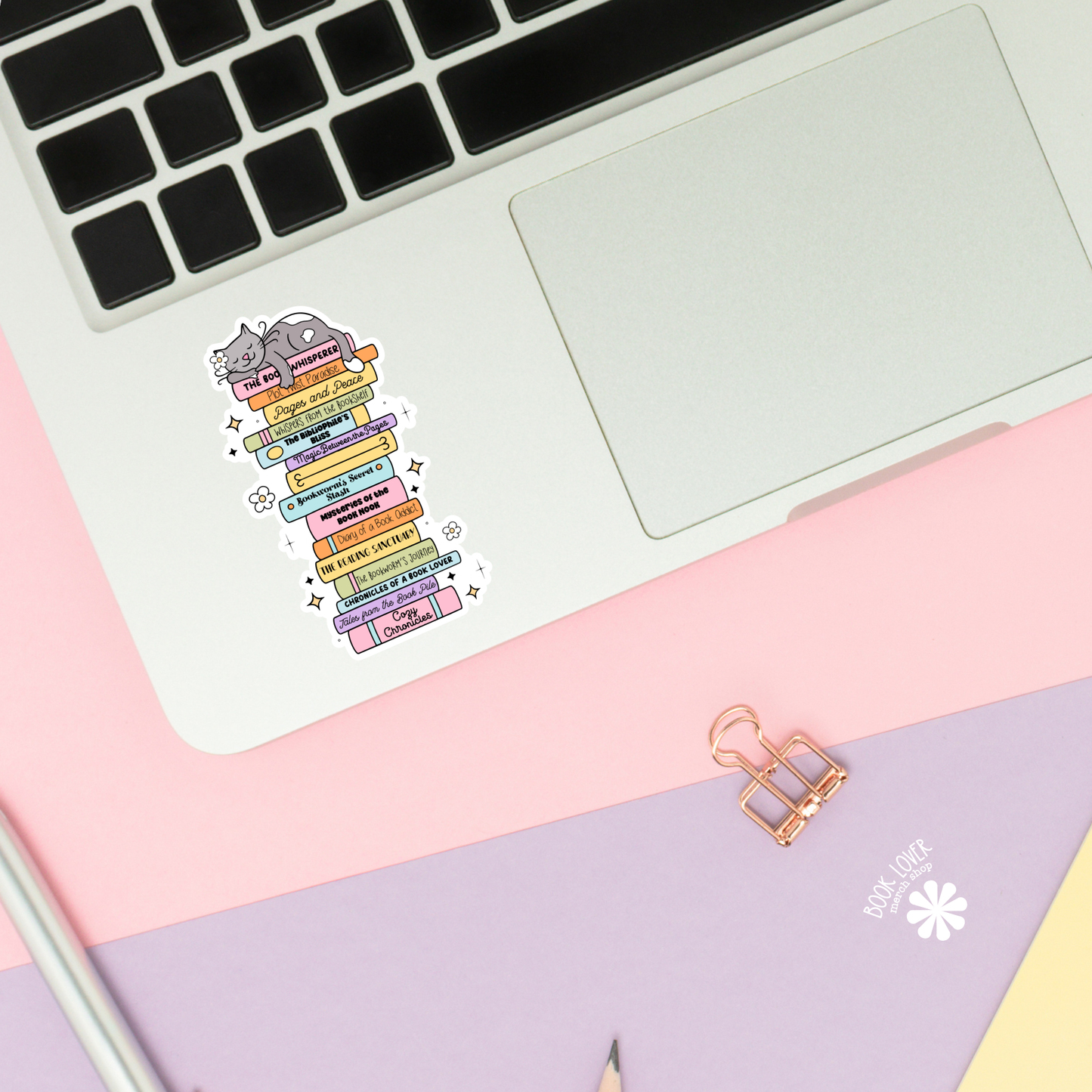 Cat on stack of books sticker