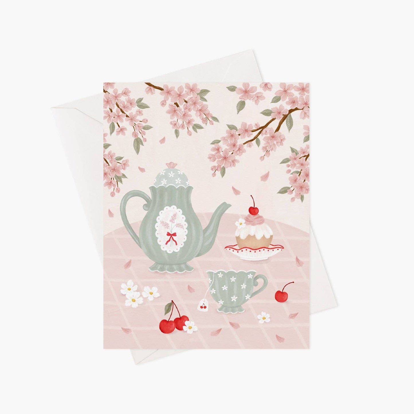 Tea under the cherry blossom tree greeting card